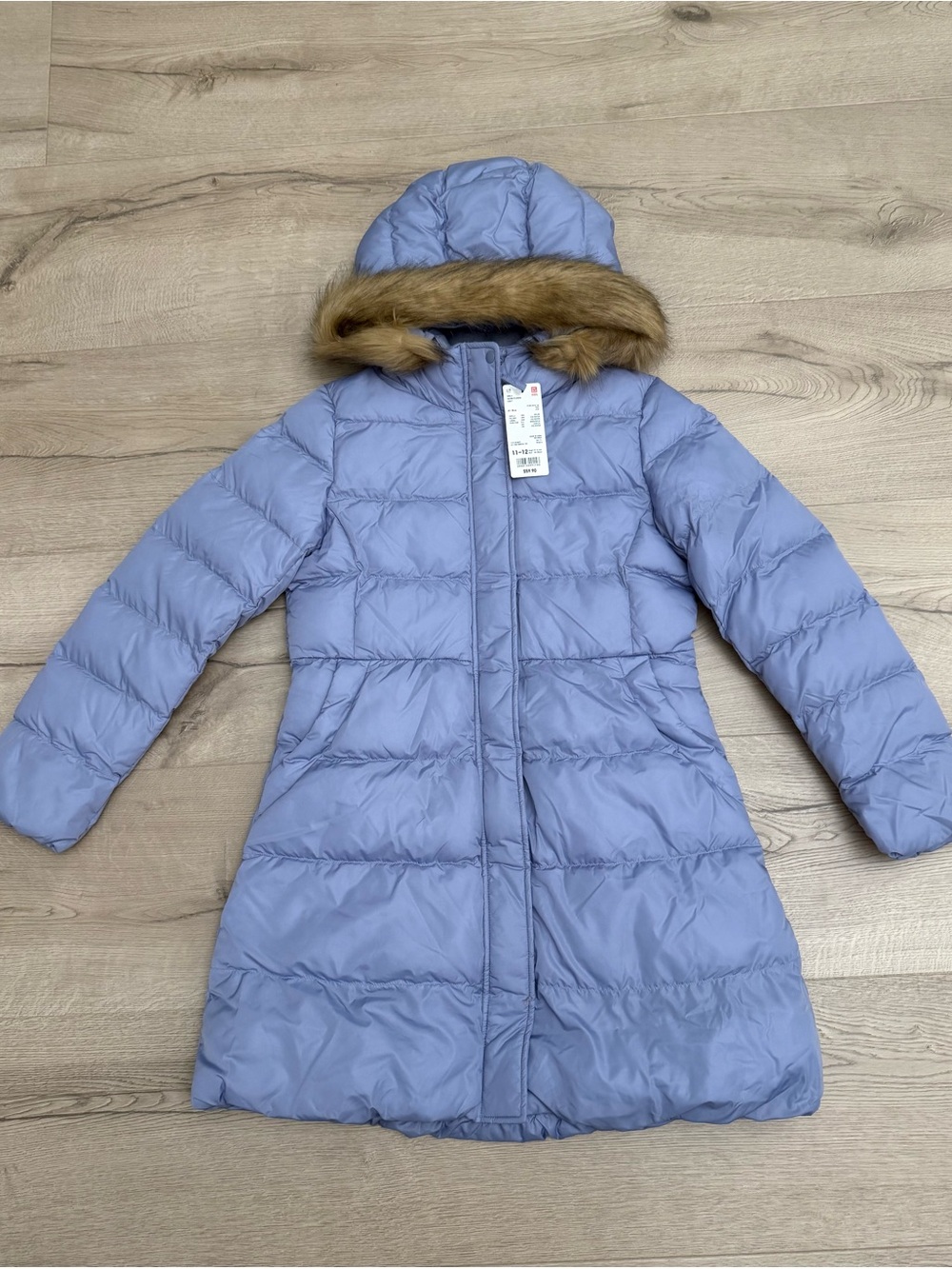 NEW - Uniqlo Girls Light Blue Hooded Puffer Coat with Faux Fur Trim